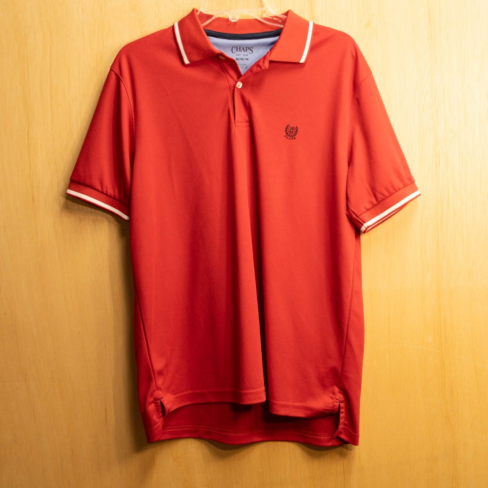 Chaps Mens Performance Polo Shirt Red White Tipped Pique Short Sleeve Crest Logo